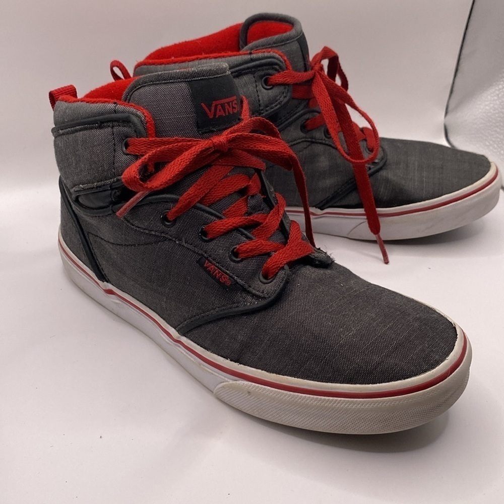 Vans Off The Wall Skate Shoes Size 4.5 Youth HiTop Gray Canvas Red Trim 500714